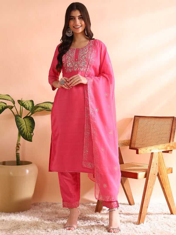 Women Pink Silk Blend Solid Embroidered Straight Kurta Trousers With Dupatta | WomensFashionFun.com