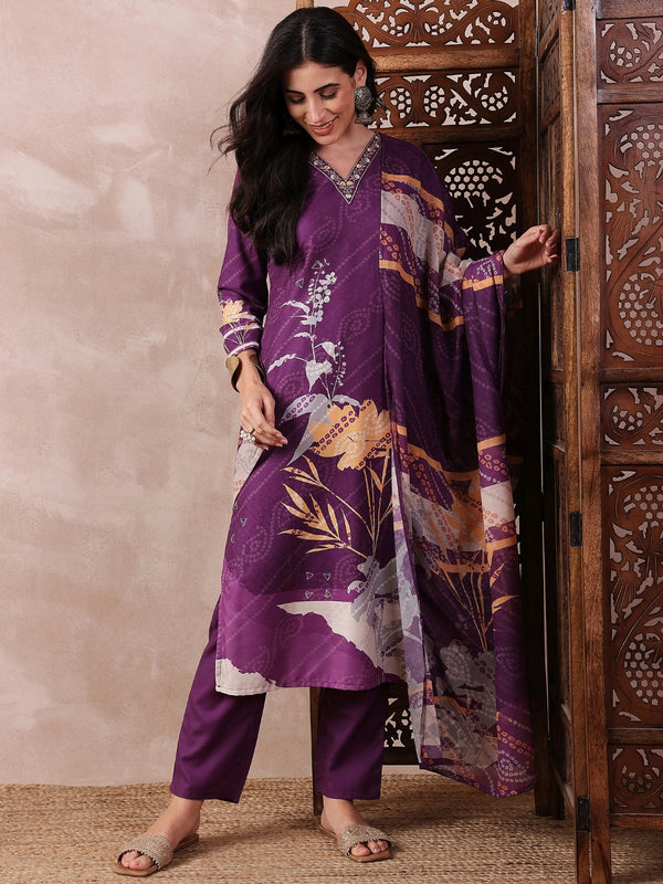 Women Purple Silk Blend Floral Printed Straight Kurta Trouser With Dupatta | WomensFashionFun.com