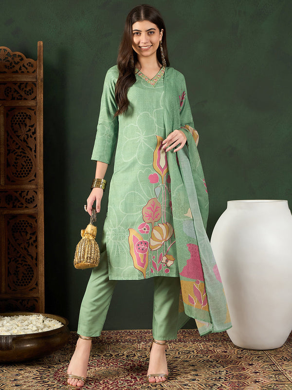 Women Green Silk Blend Floral Printed Straight Kurta Trouser With Dupatta | WomensFashionFun.com