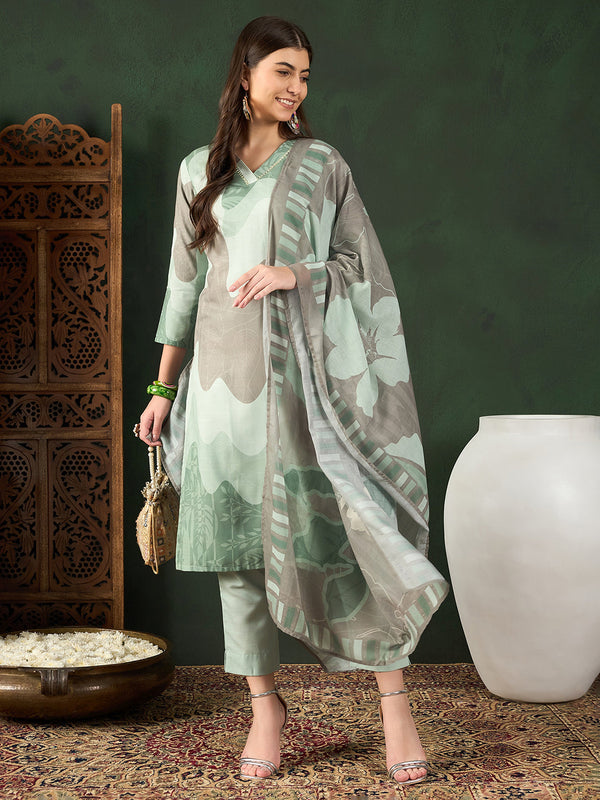 Women Green Silk Blend Abstract Printed Straight Kurta Trouser With Dupatta | WomensFashionFun.com