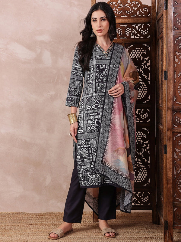 Women Black Silk Blend Geometric Printed Straight Kurta Trouser With Dupatta | WomensFashionFun.com