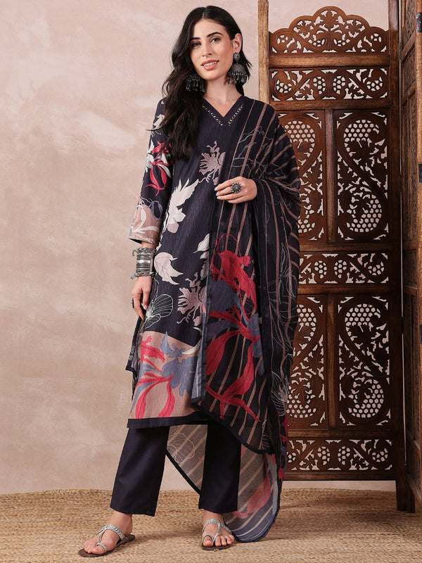 Women Black Silk Blend Floral Printed Straight Kurta Trouser With Dupatta | WomensFashionFun.com