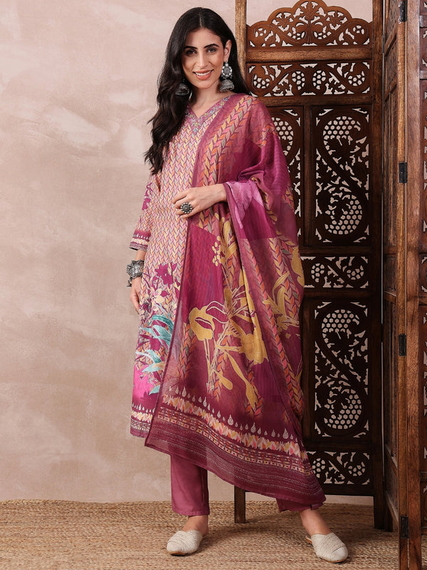 Women Multi Silk Blend Floral Printed Straight Kurta Trouser With Dupatta | WomensFashionFun.com