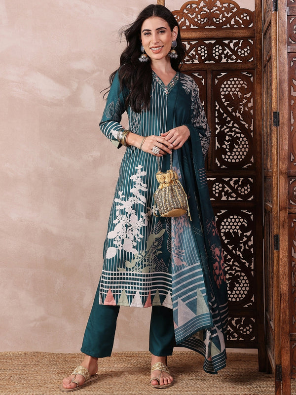 Women Teal Silk Blend Abstract Printed Straight Kurta Trouser With Dupatta | WomensFashionFun.com