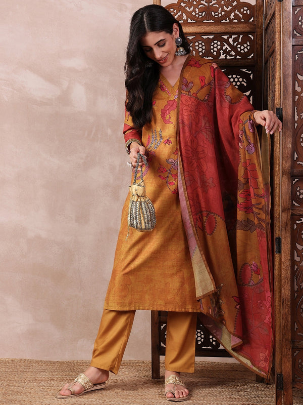 Women Mustard Silk Blend Floral Printed Straight Kurta Trouser With Dupatta | WomensFashionFun.com