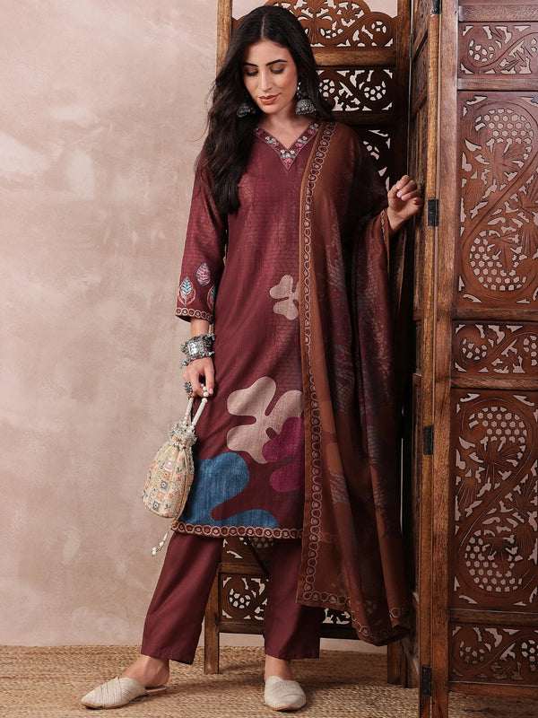 Women Brown Silk Blend Floral Printed Straight Kurta Trouser With Dupatta | WomensFashionFun.com