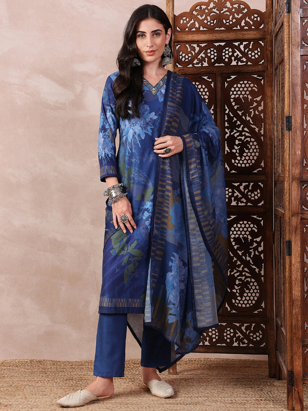 Women Blue Silk Blend Floral Printed Straight Kurta Trouser With Dupatta | WomensFashionFun.com