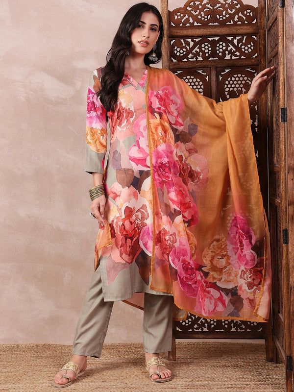 Women Olive Silk Blend Floral Printed Straight Kurta Trouser With Dupatta | WomensFashionFun.com