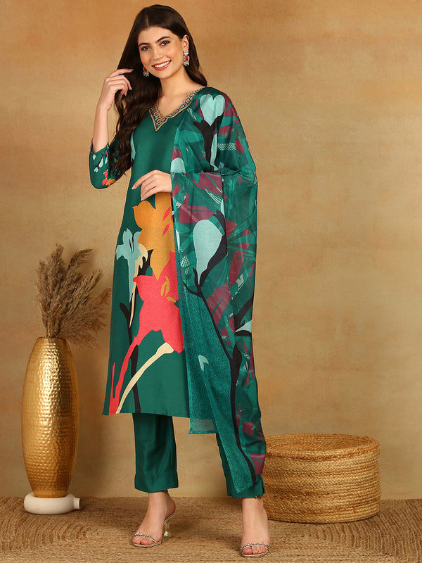 Women Green Silk Blend Floral Printed Straight Kurta Trousers With Dupatta | WomensFashionFun.com