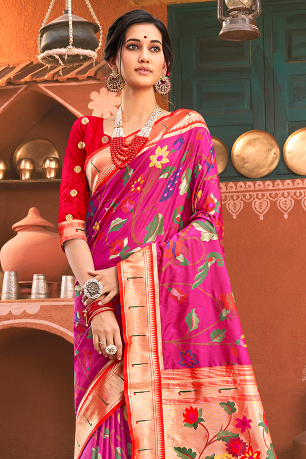 Women Pink Paithani Silk Woven Work Traditional Tassle Saree