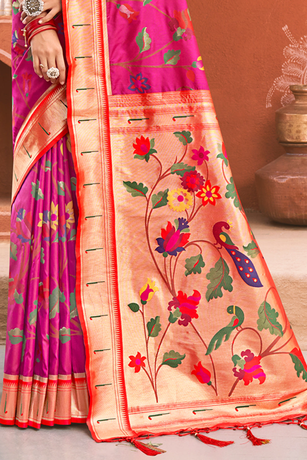 Women Pink Paithani Silk Woven Work Traditional Tassle Saree