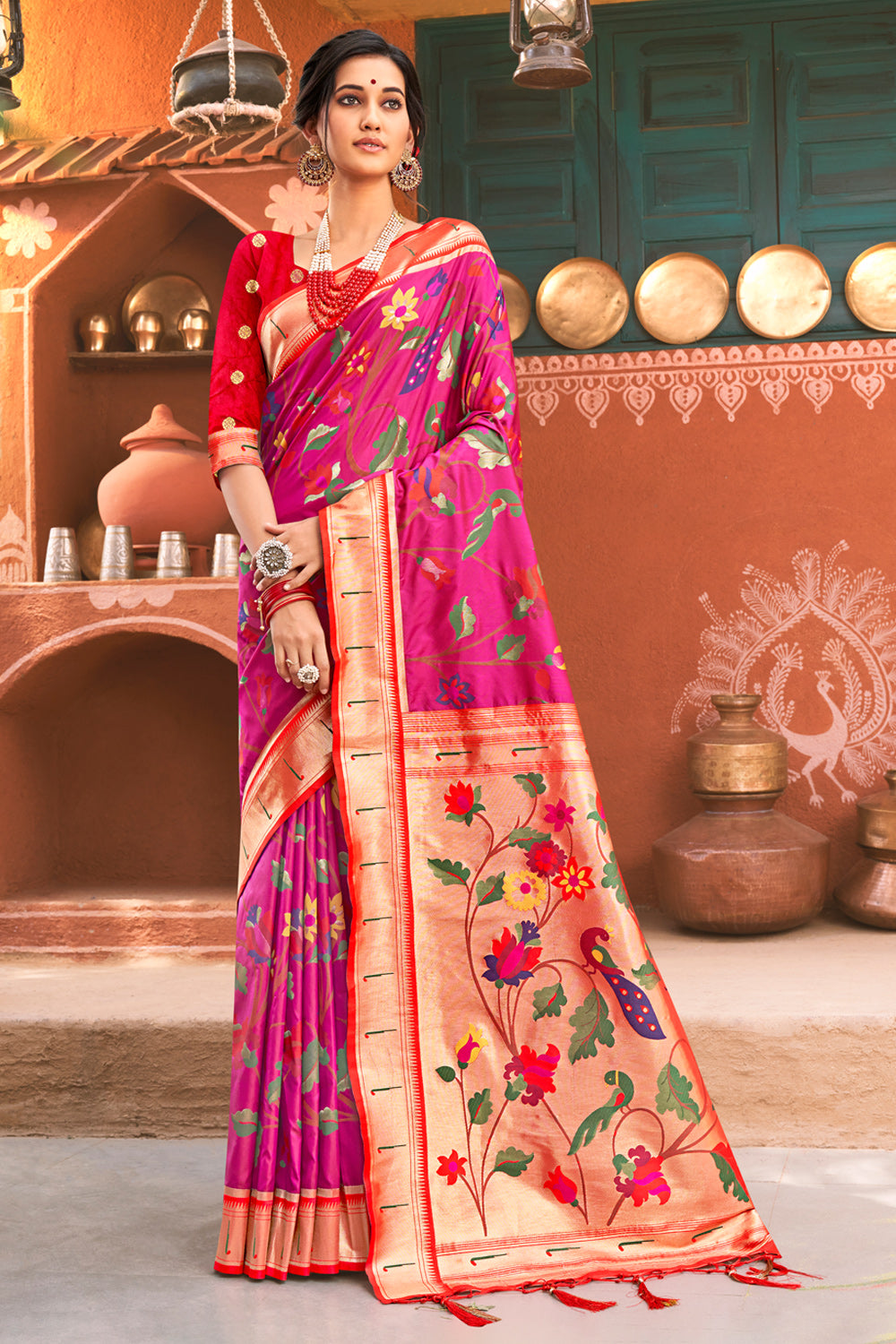 Women Pink Paithani Silk Woven Work Traditional Tassle Saree