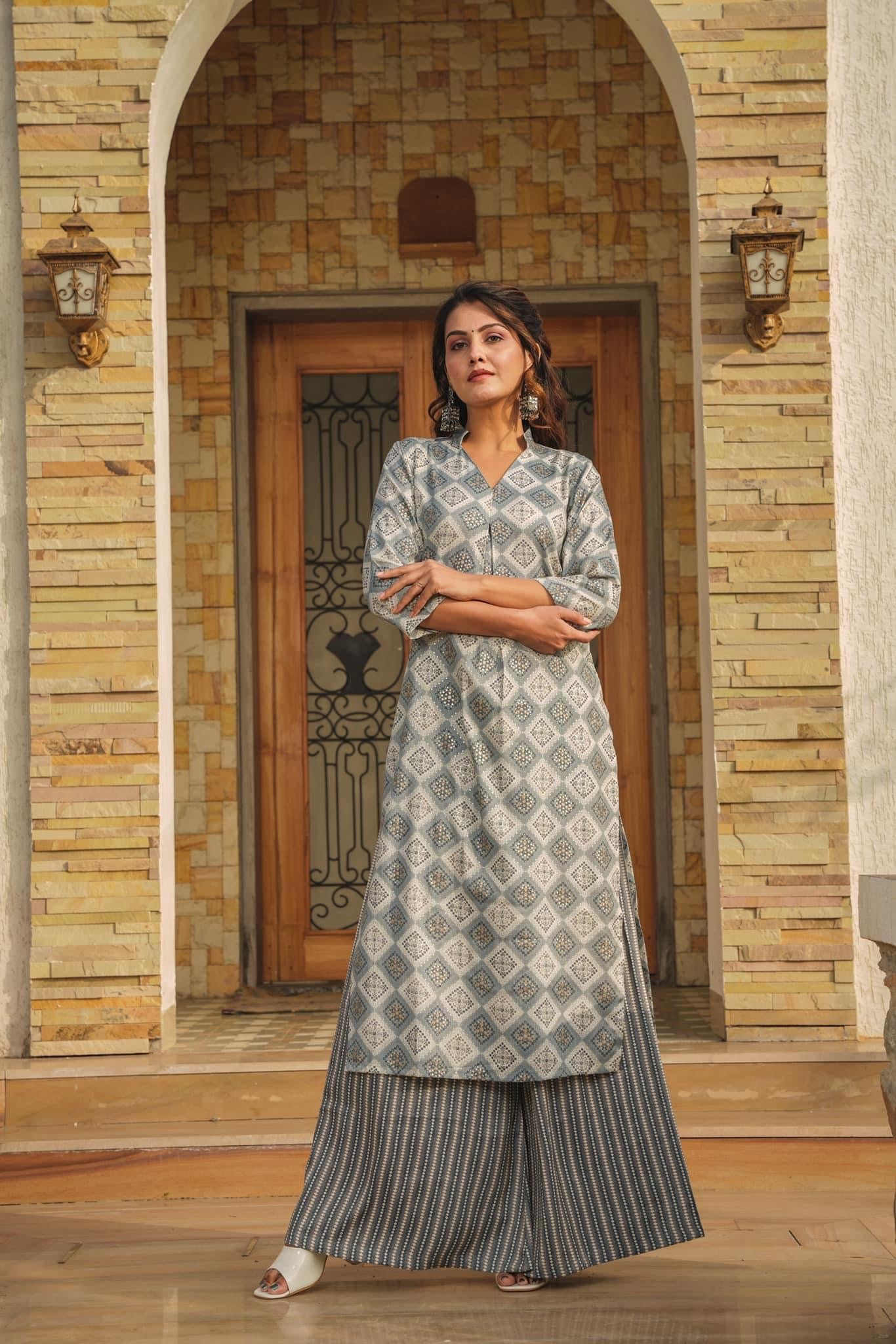 Woman Gray Pure Rayon Digital Printed  Kurta Set WomensFashionFun