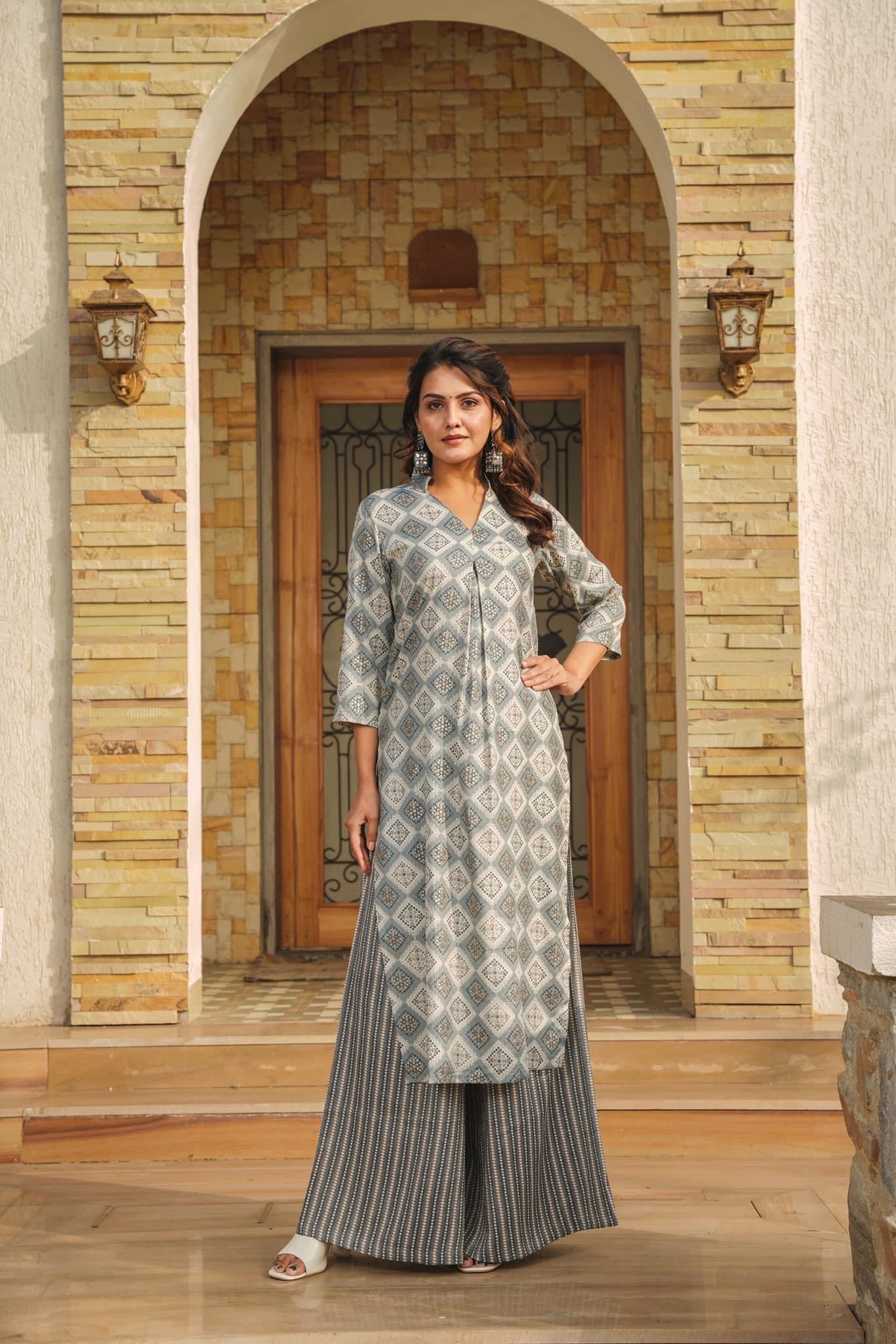 Woman Gray Pure Rayon Digital Printed  Kurta Set WomensFashionFun