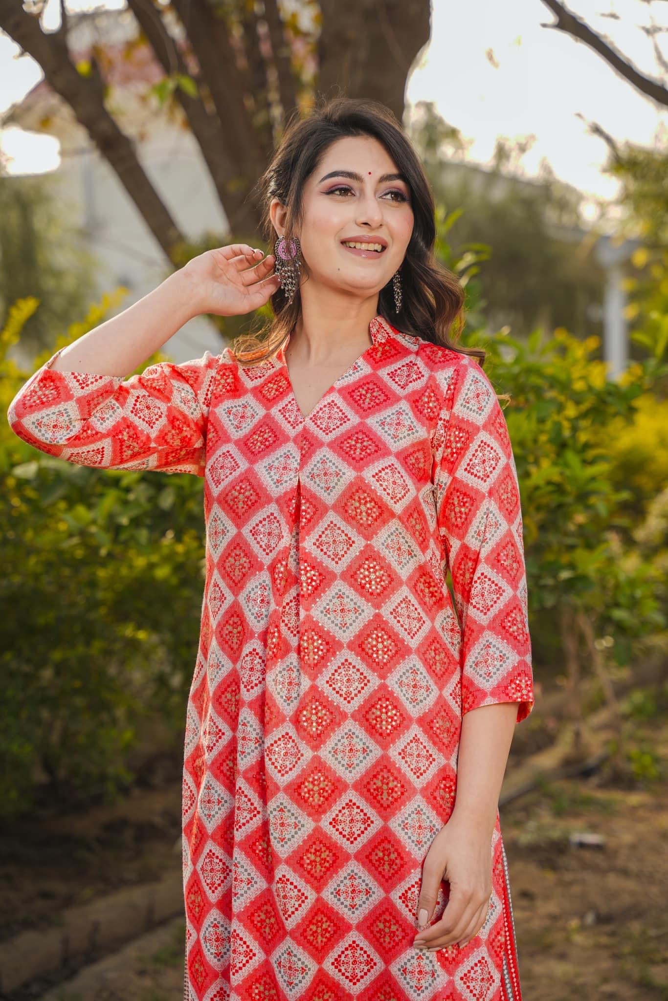 Woman Red Pure Rayon Digital Printed  Kurta Set WomensFashionFun