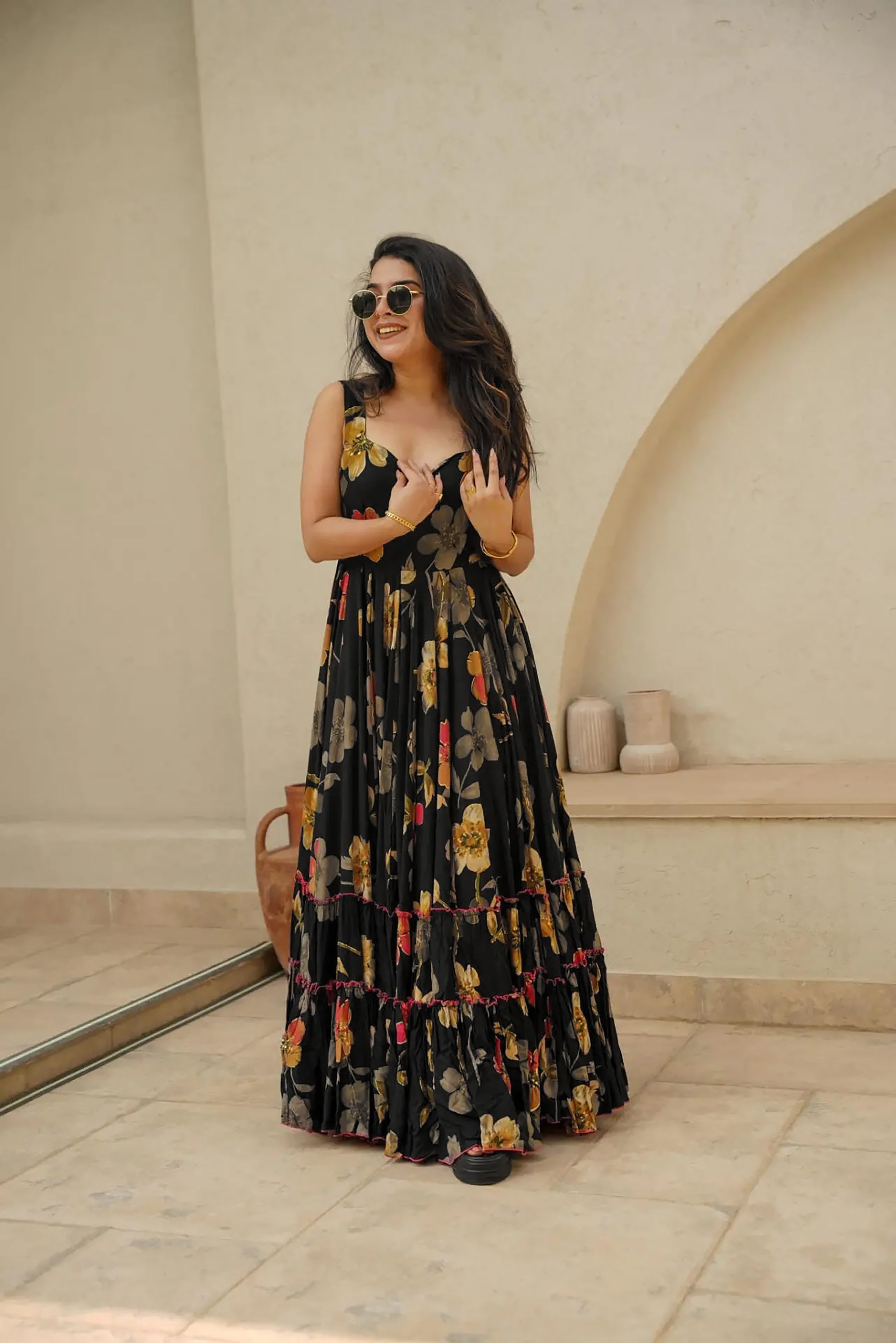 Women Black Rayon Heavy Digital Printed  Gown WomensFashionFun