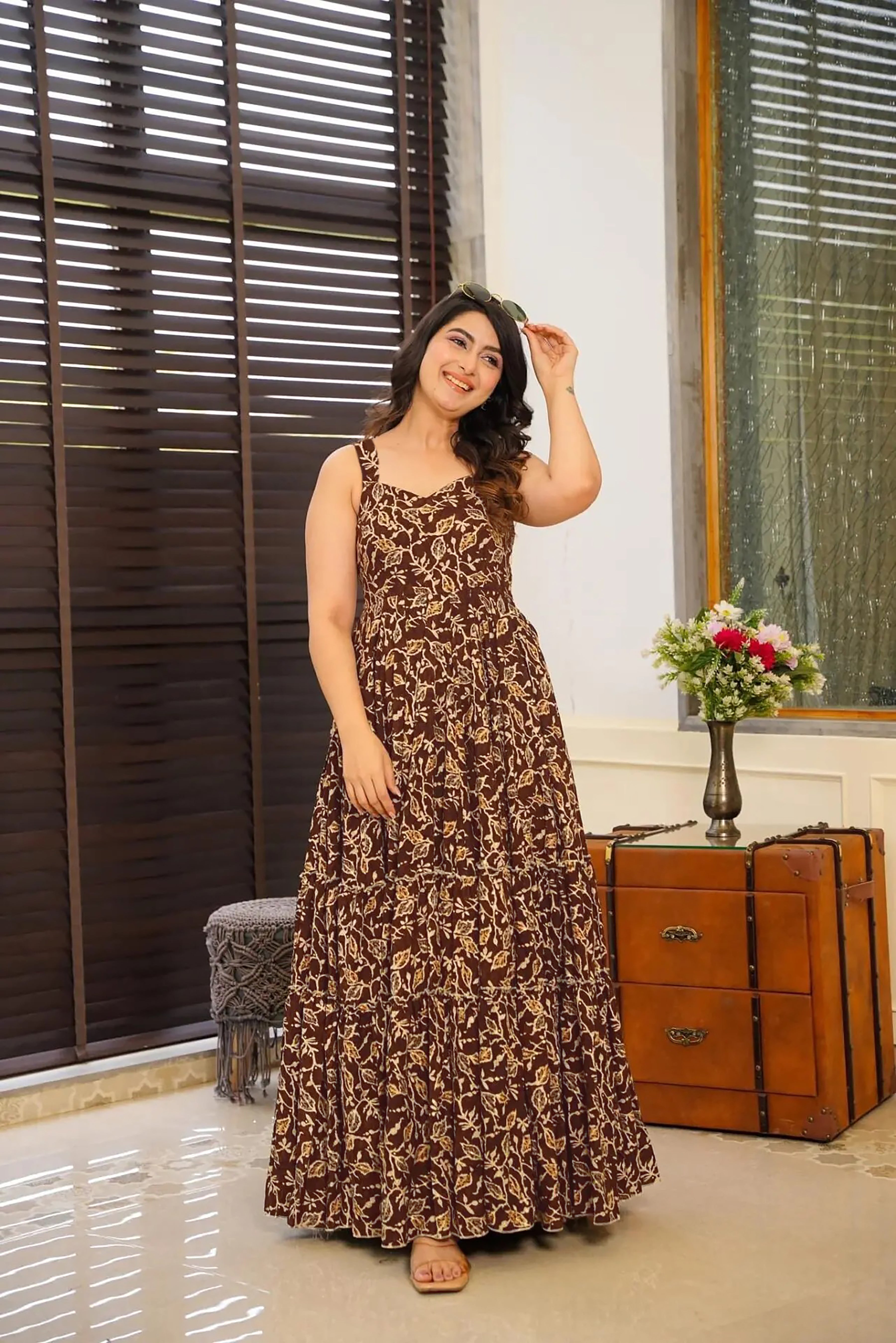 Women Brown Rayon Heavy Digital Printed  Gown WomensFashionFun