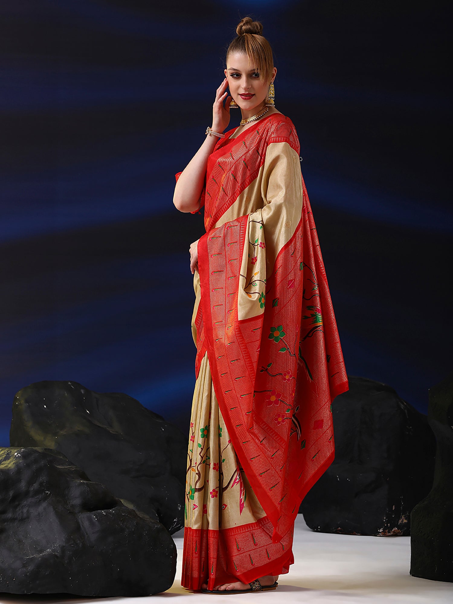 Women's Dola Silk Cream Printed Designer Saree With Blouse Piece