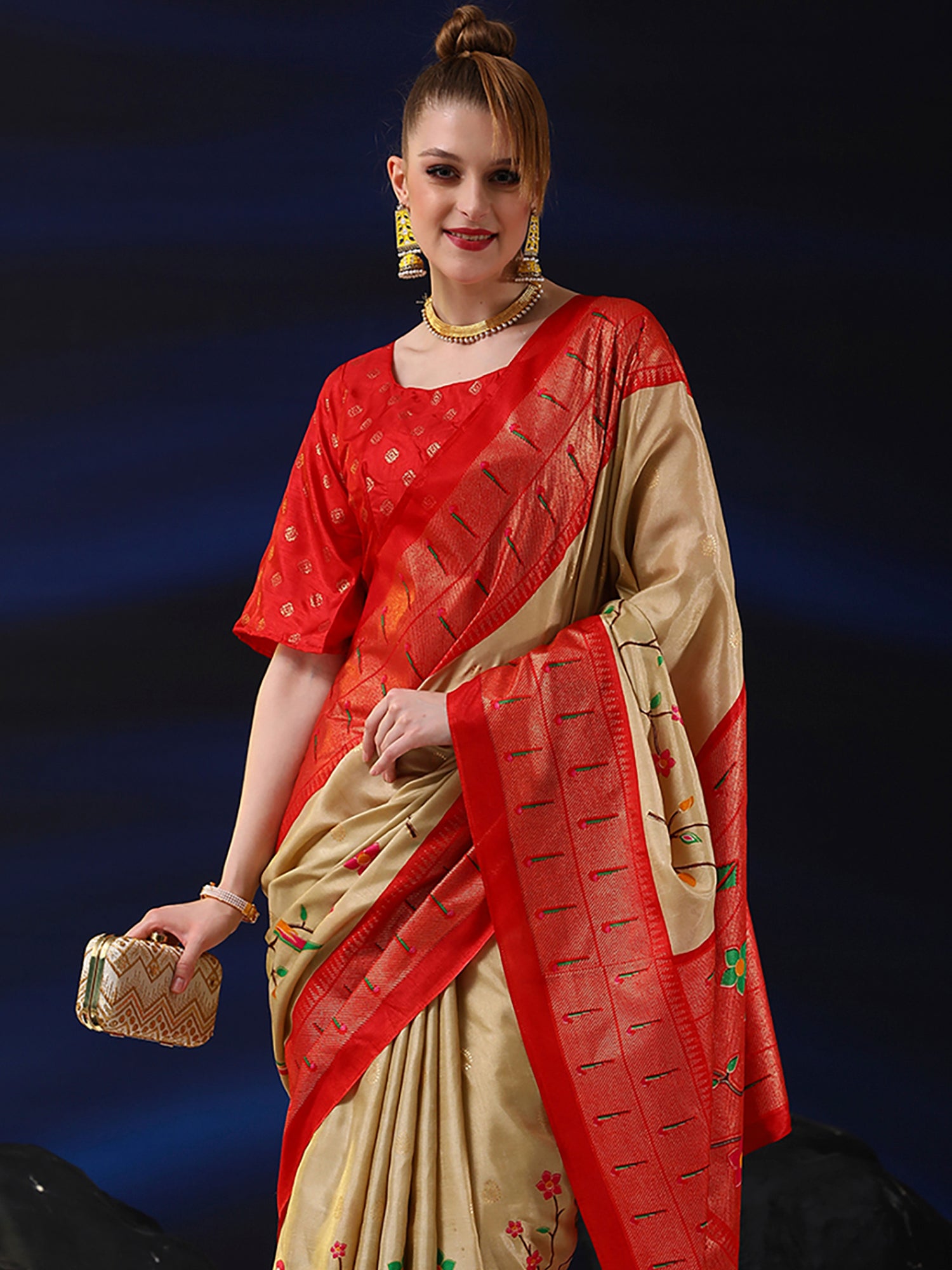 Women's Dola Silk Cream Printed Designer Saree With Blouse Piece