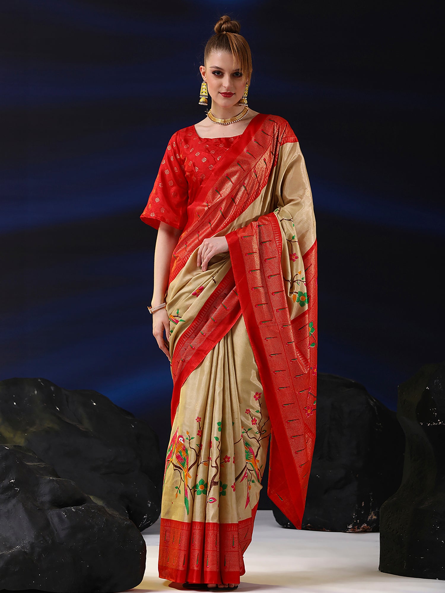 Women's Dola Silk Cream Printed Designer Saree With Blouse Piece