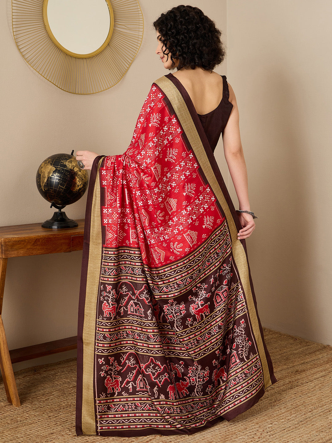 Women's Bhagalpuri Silk Brown Printed Ready to Wear With Blouse Piece