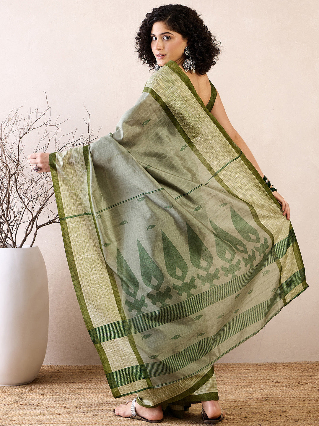 Women's Bhagalpuri Silk Green Printed Ready to Wear With Blouse Piece