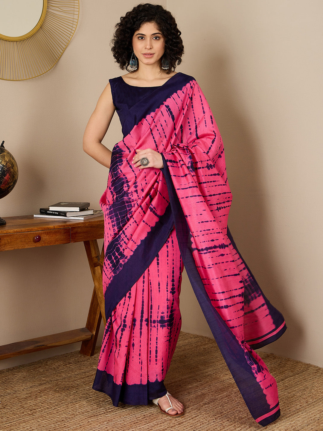 Women's Bhagalpuri Silk Navy Blue Printed Ready to Wear With Blouse Piece