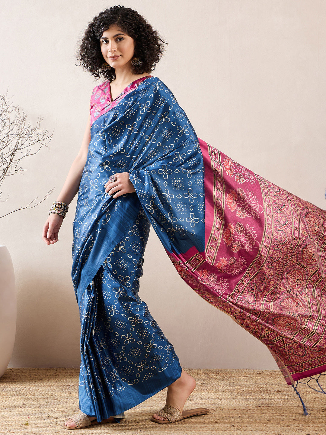 Women's Silk Blend Blue Digital Print Ready to Wear With Blouse Piece