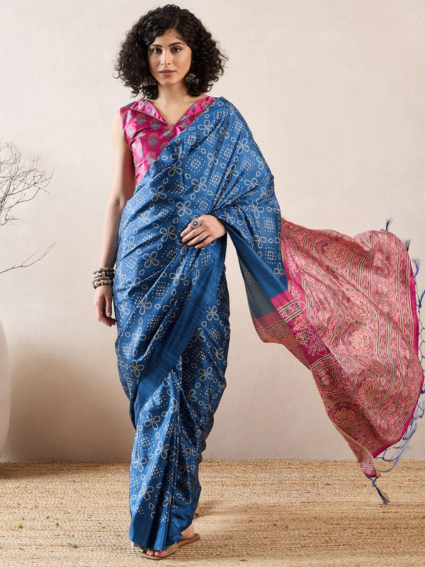 Women's Silk Blend Blue Digital Print Ready to Wear With Blouse Piece