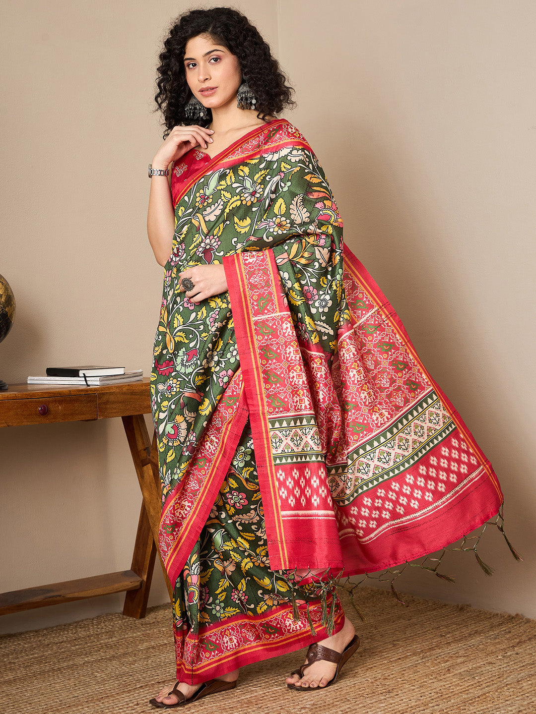 Women's Bhagalpuri Silk Red Printed Ready to Wear With Blouse Piece