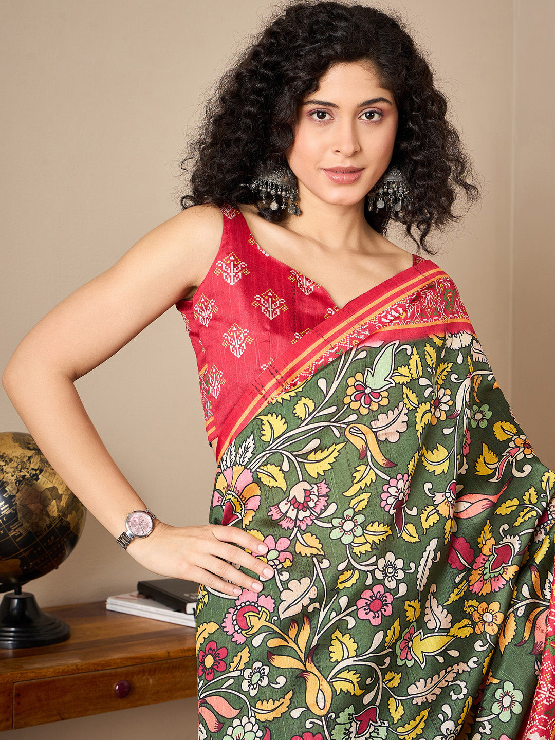 Women's Bhagalpuri Silk Red Printed Ready to Wear With Blouse Piece