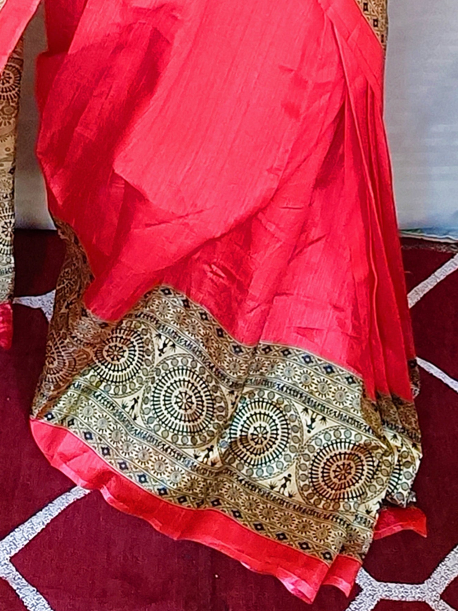 Women's Art Silk Red Printed Ready to Wear With Blouse Piece