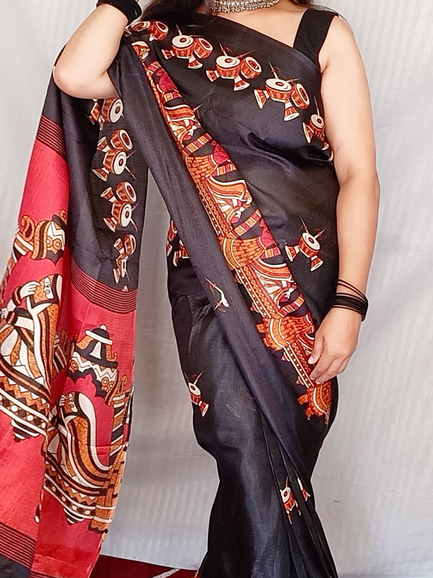 Women's Bhagalpuri Silk Black Printed Ready to Wear With Blouse Piece