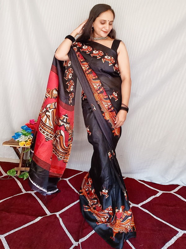 Women's Bhagalpuri Silk Black Printed Ready to Wear With Blouse Piece