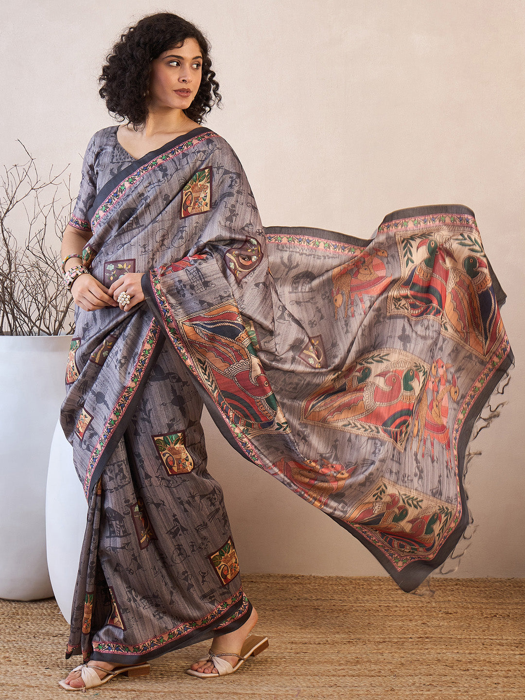 Women's Manipuri Silk Charcoal Grey Printed Ready to Wear With Blouse Piece