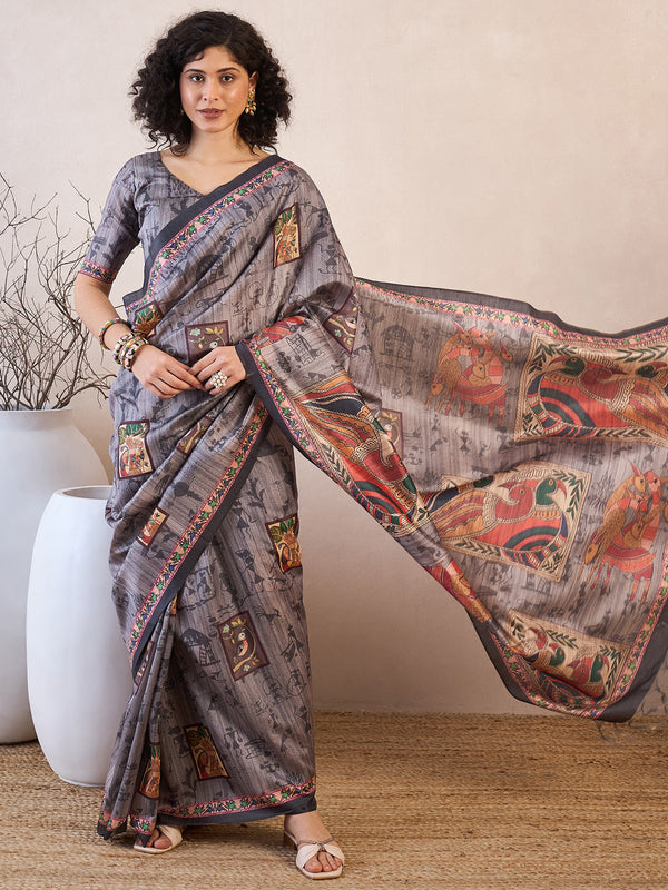 Women's Manipuri Silk Charcoal Grey Printed Ready to Wear With Blouse Piece