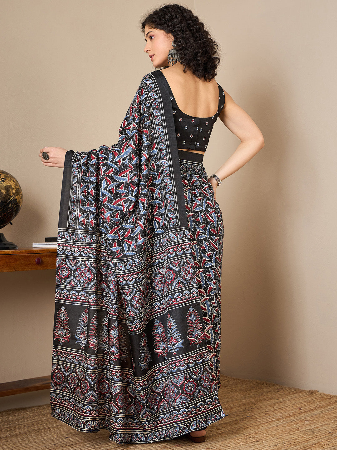 Women's Dola Silk Black Digital Print Ready to Wear With Blouse Piece