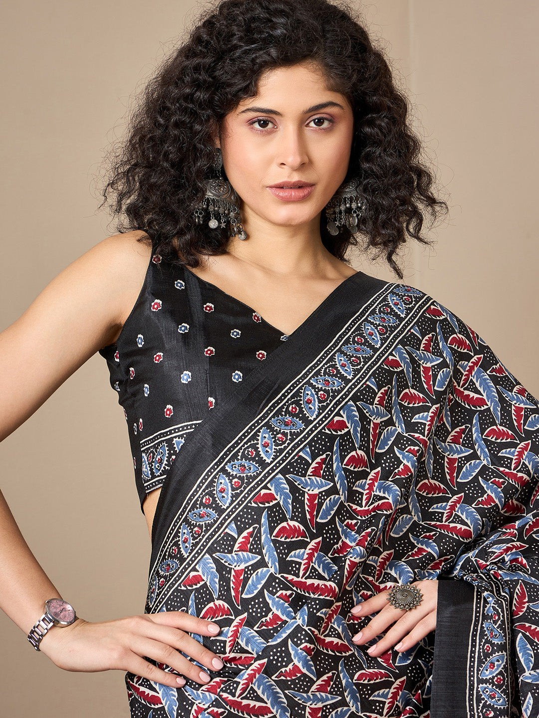 Women's Dola Silk Black Digital Print Ready to Wear With Blouse Piece