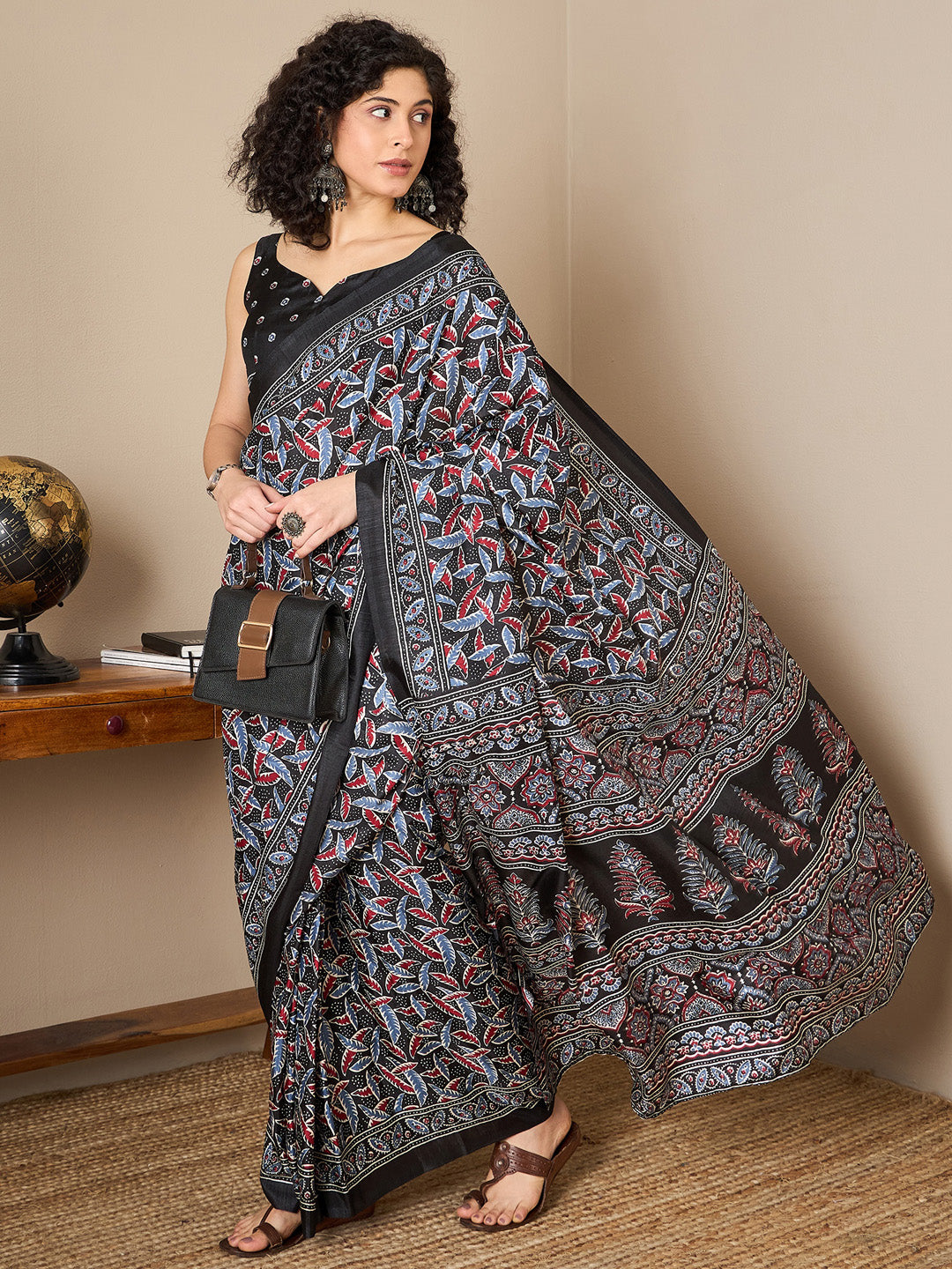 Women's Dola Silk Black Digital Print Ready to Wear With Blouse Piece