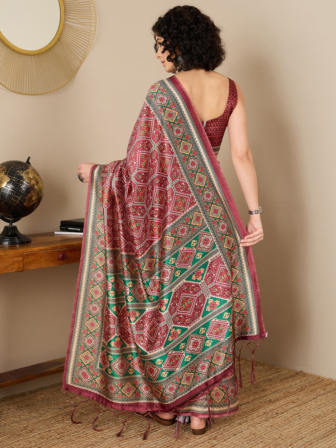 Women's Silk Blend Brown Printed Ready to Wear With Blouse Piece