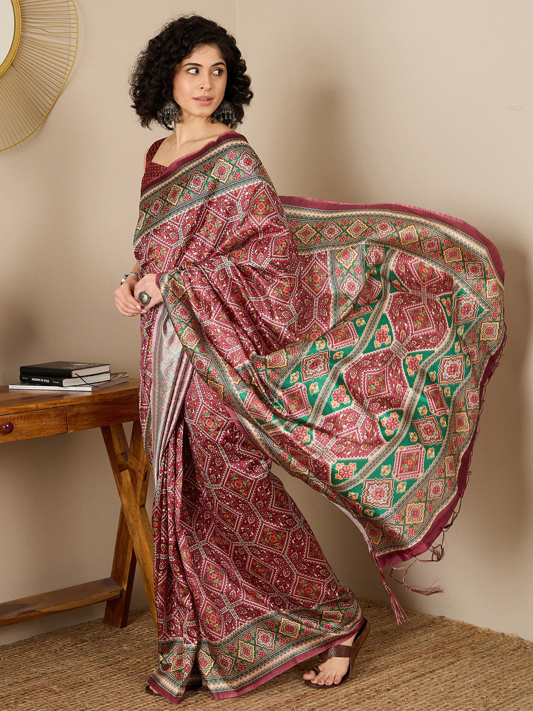 Women's Silk Blend Brown Printed Ready to Wear With Blouse Piece