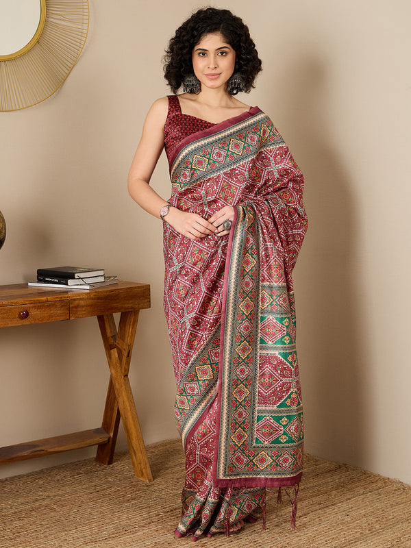 Women's Silk Blend Brown Printed Ready to Wear With Blouse Piece