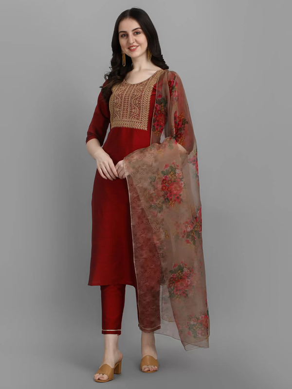 Womens Maroon Cotton Silk Embroidery Kurta Pant Set With Dupatta