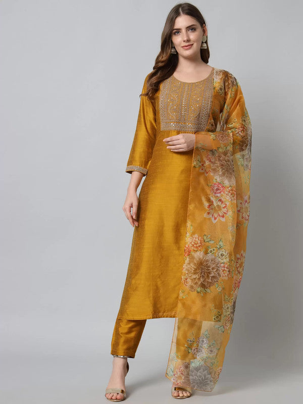 Womens Mustard Cotton Silk Embroidery Kurta Pant Set With Dupatta