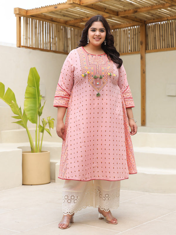 Women Pink Cambric Tribal Kurta