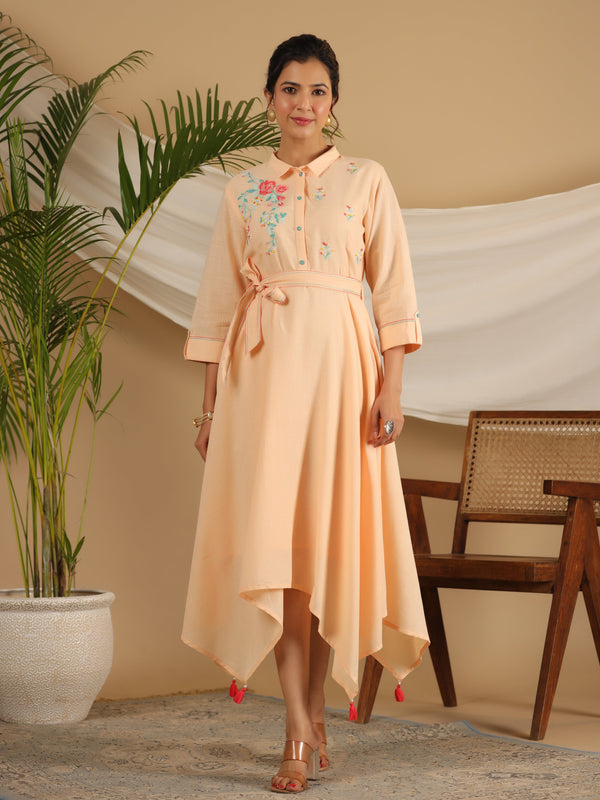 Women Peach Cotton Dobby Floral Dress & Belt