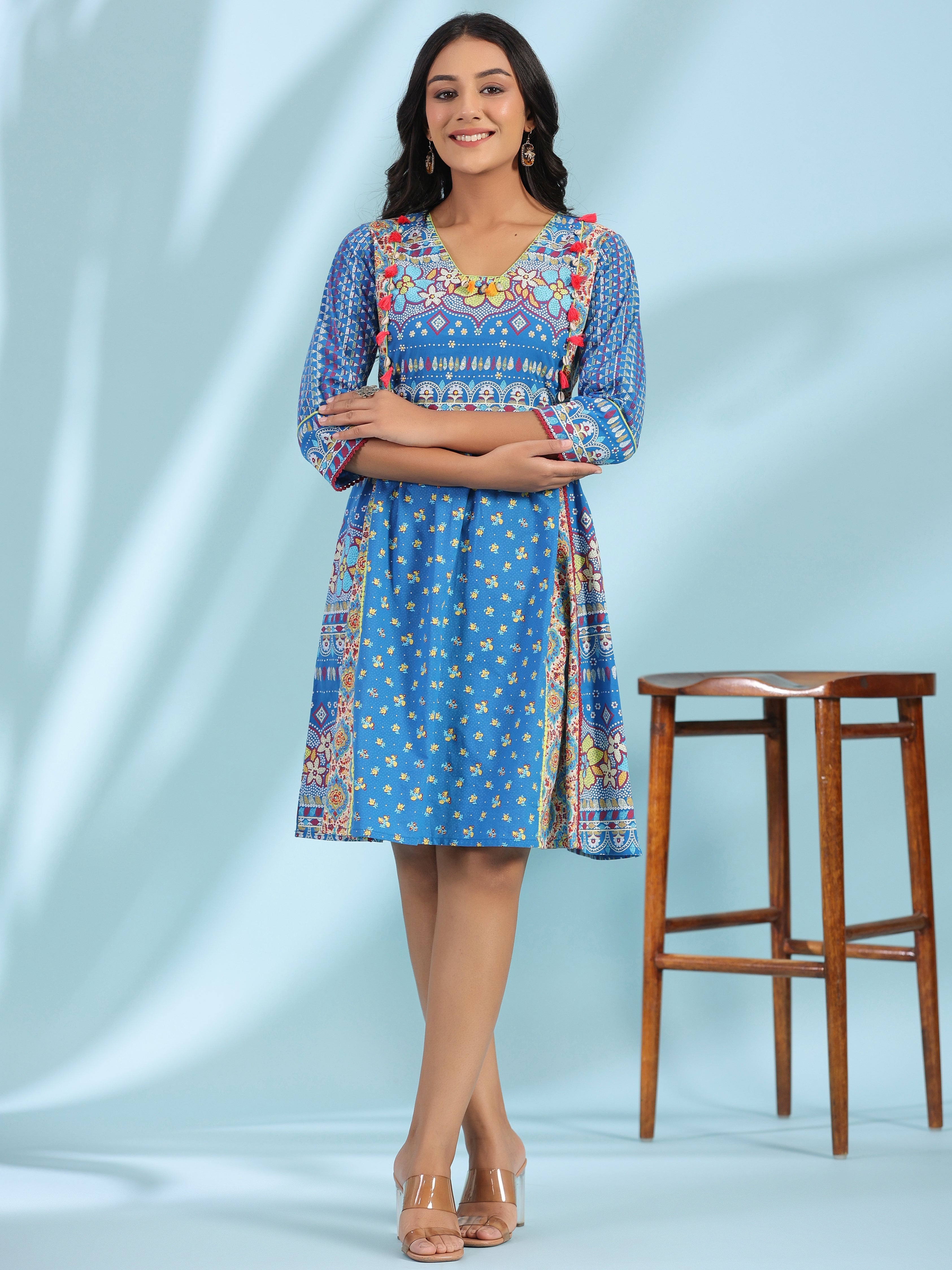 Women Blue Cambric Floral Dress