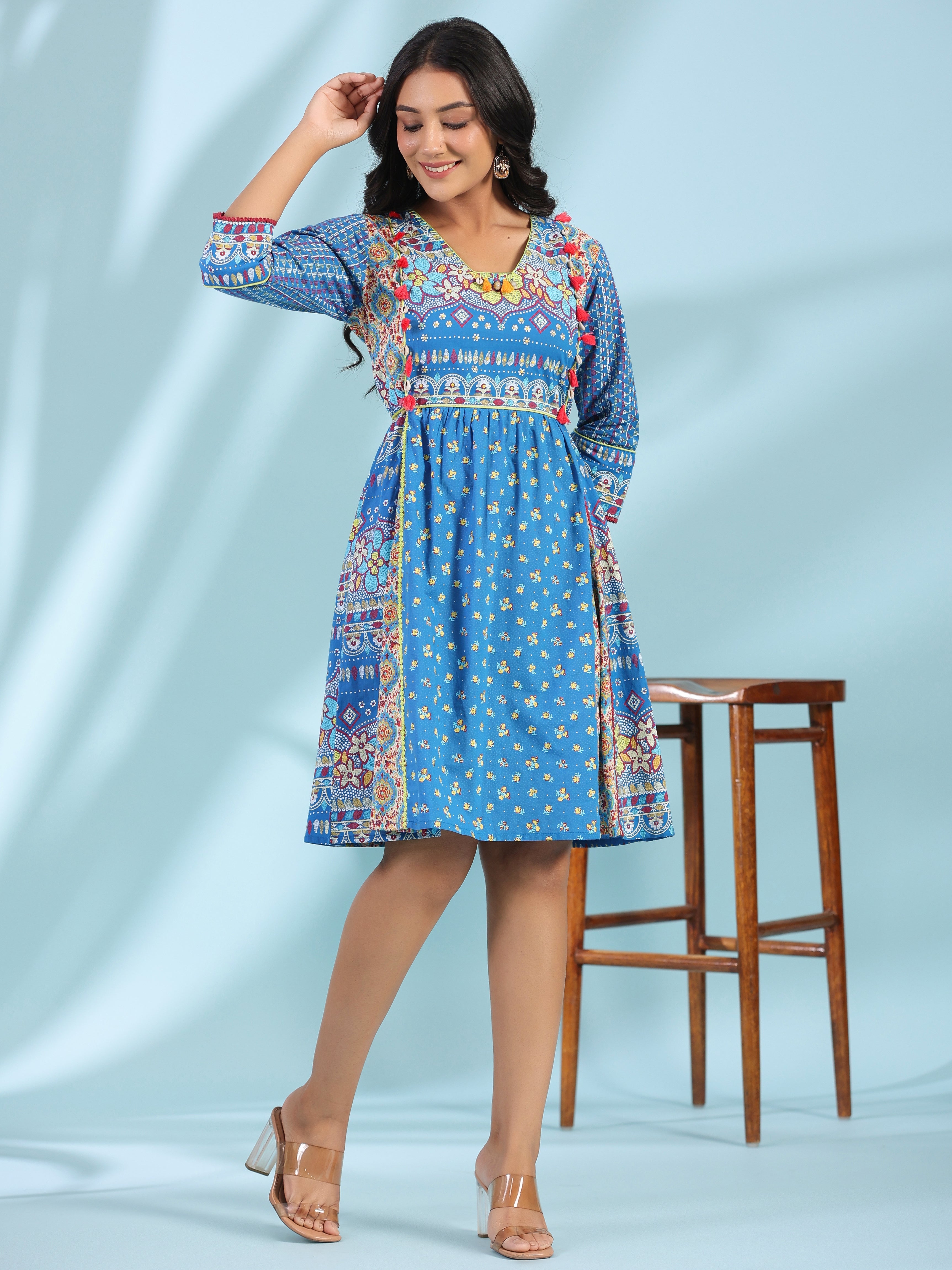 Women Blue Cambric Floral Dress