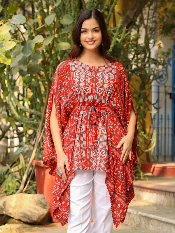 Women Rust Rayon Staple Ikat Kaftan