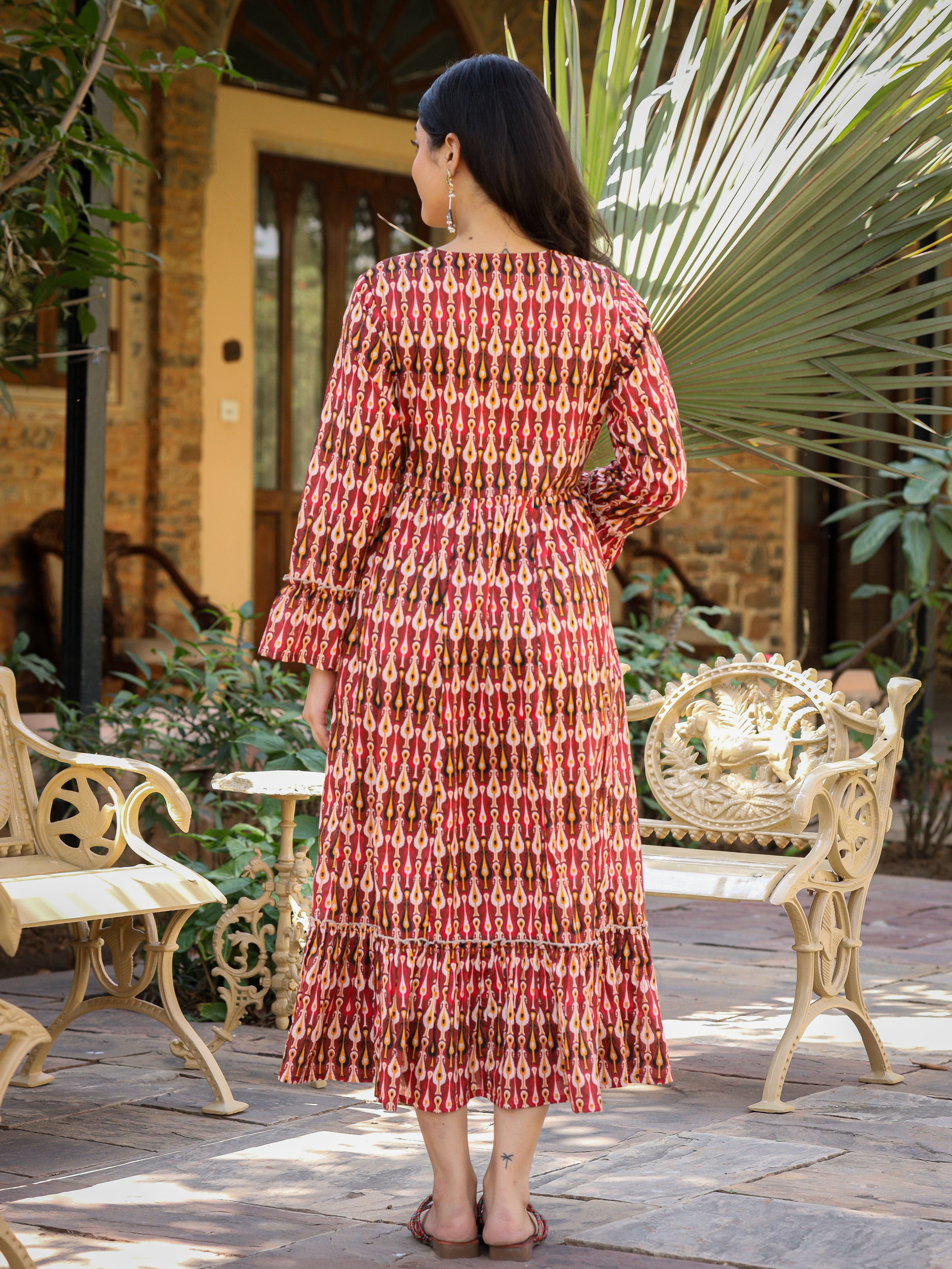 Women Maroon Cotton Printed Dress